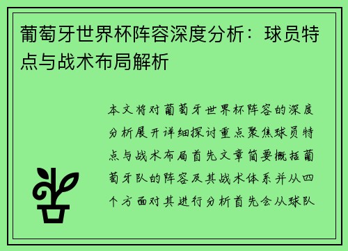 葡萄牙世界杯阵容深度分析：球员特点与战术布局解析